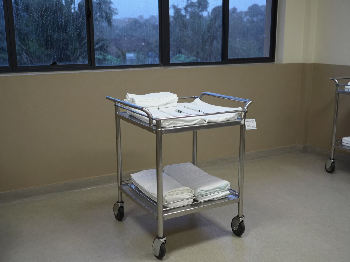 Neonatal Supply Cart Dawn Light Yaounde Maternity Ward in along a linen cart bay outside treatment rooms in Yaounde