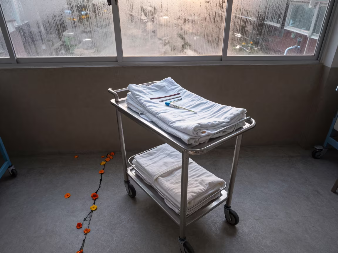 Neonatal Supply Cart with Flower Cracks Dawn in along a linen cart bay outside treatment rooms in Srivijayapuram
