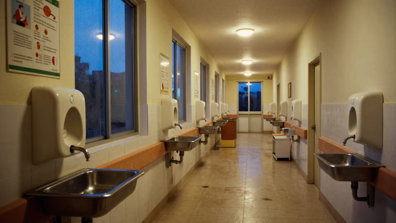 Neonatal Ward Handwashing Station in Kinshasa Evening in inside a hospital corridor in Kinshasa