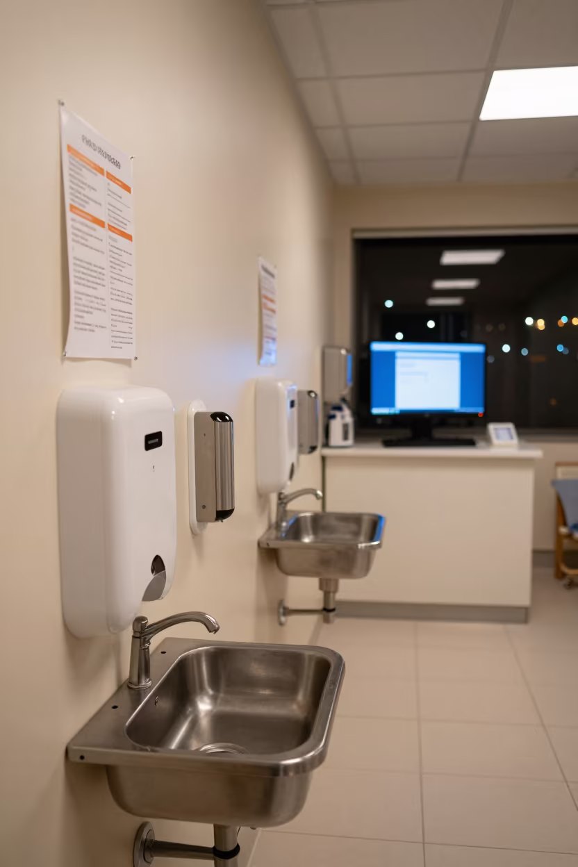 Neonatal Ward Handwashing Station Under Monitor Glow in at a nurse station under monitor glow near Ensenada