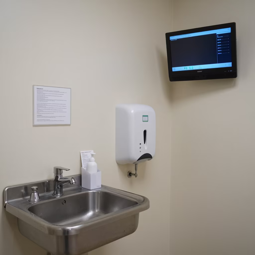 Neonatal Ward Handwashing Station with Posted Procedures in at a nurse station under monitor glow near Raleigh