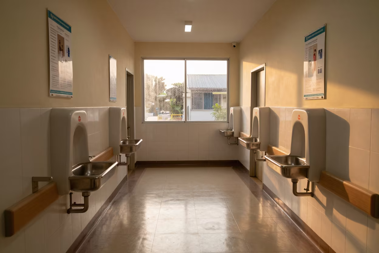Neonatal Ward Handwashing Station Sunset in inside a hospital corridor near Jakarta