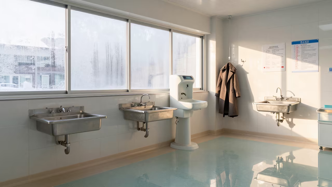 Neonatal Ward Handwashing Station Winter Reflection in in a surgical prep area near Ulsan