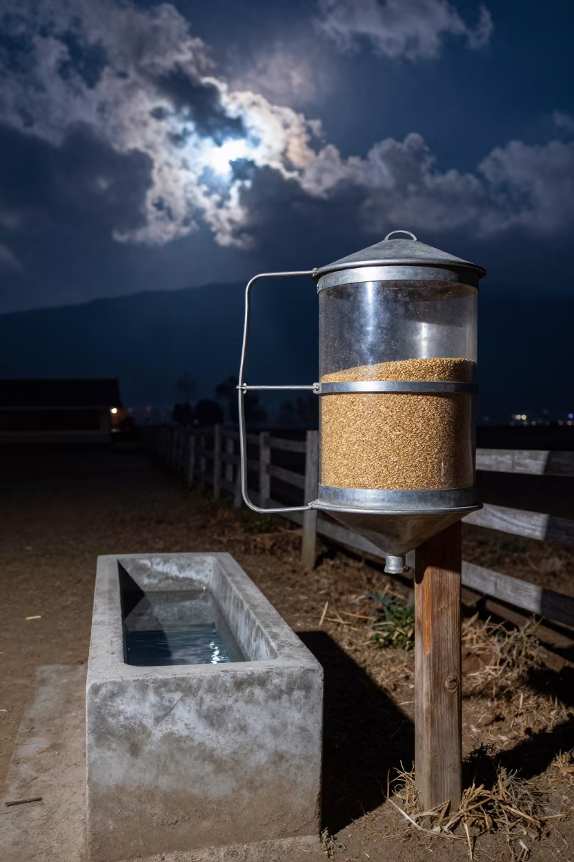 Nepal Creep Feeder Jar Winter Night Scene in near a windbreak and water trough in Nepal