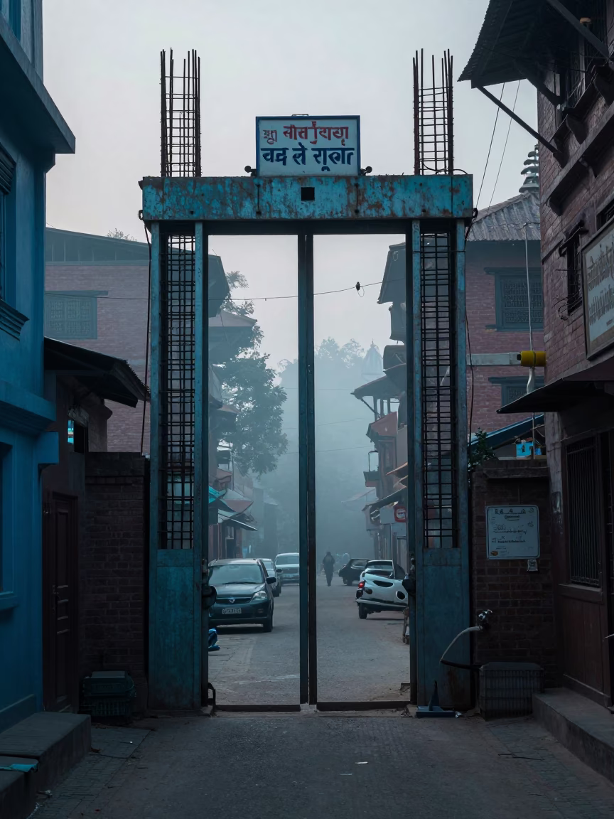 Nepal Kathmandu Nautical Dawn Street Scene Construction Elevator Gate Rebar in in Kathmandu, Nepal