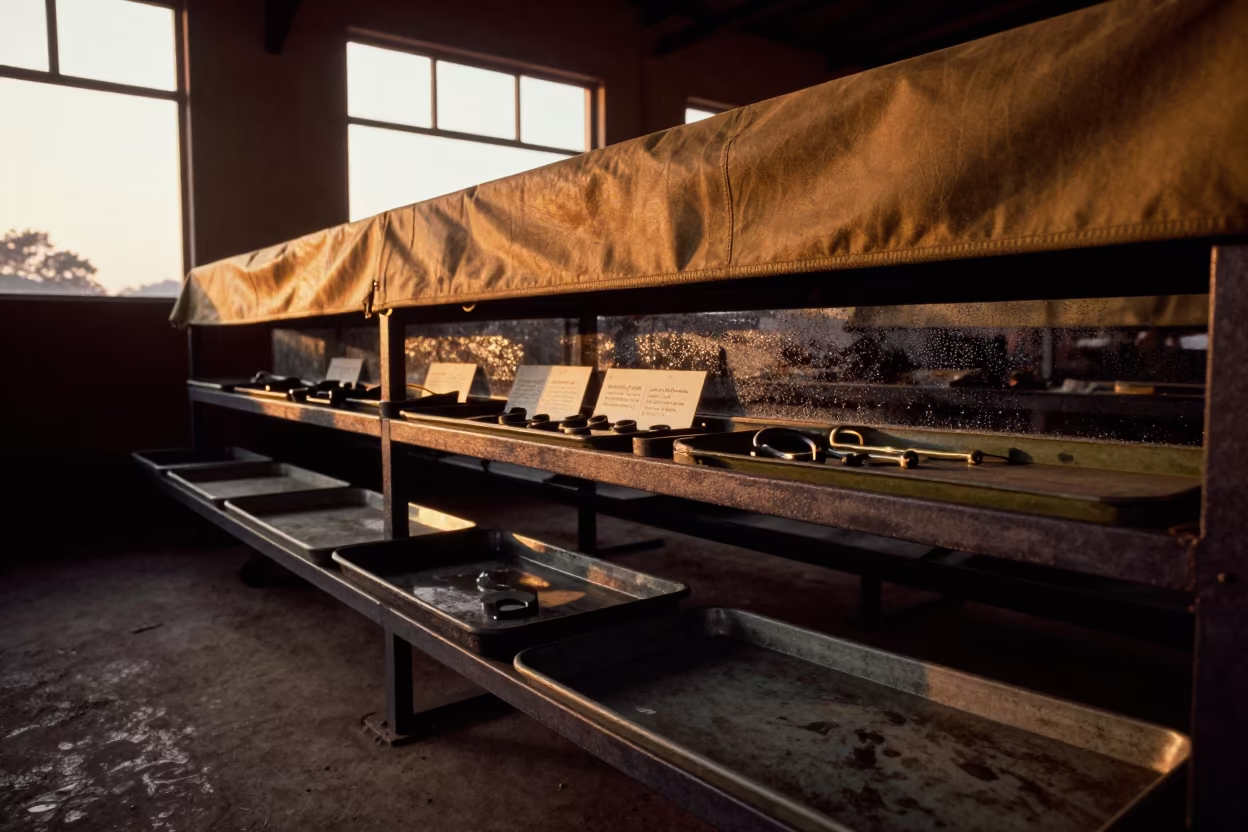 Nepal Mess Hall Drip Pan Rack Sunset in in a mess hall before service in Nepal