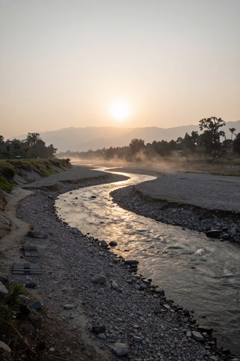 Nepal River Braiding Dawn Floodplain Haze in across a floodplain after rain in Nepal