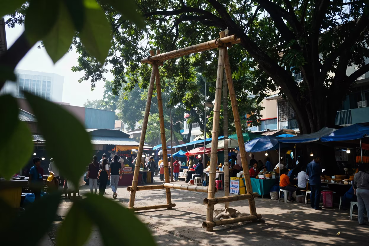 Nepali Dashain Bamboo Swings at Saigon Market in at a night market in Bui Vien, Ho Chi Minh City
