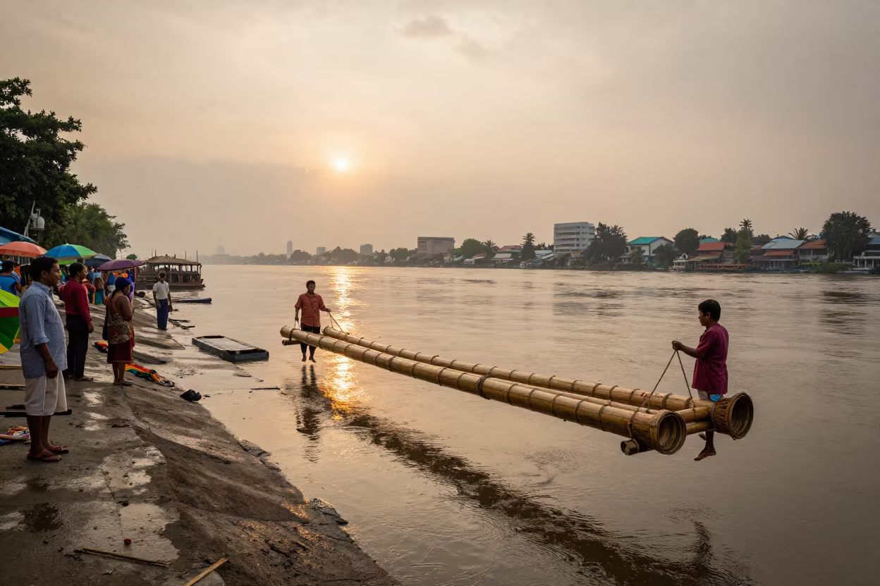 Nepali Dashain Bamboo Swings Talat Noi Bangkok in at a waterfront celebration in Talat Noi, Bangkok