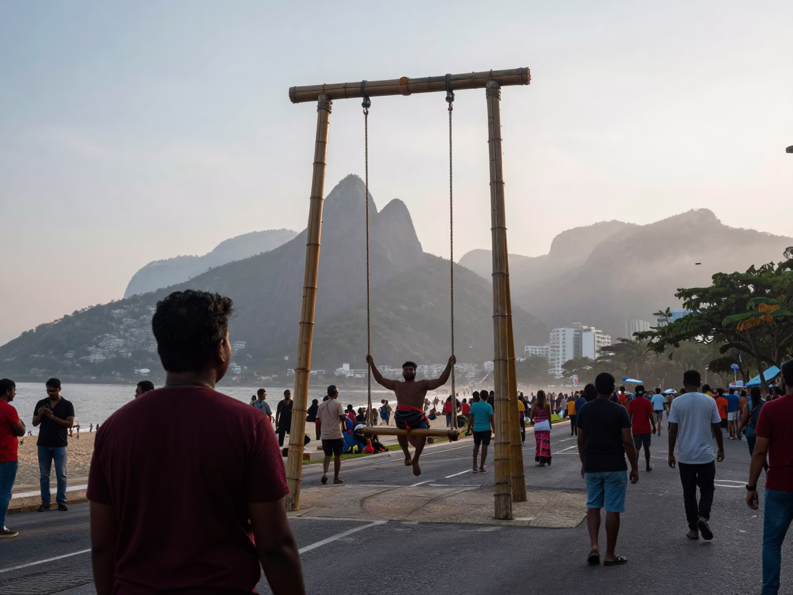 Nepali Dashain Bamboo Swings in Rio Dawn Fog in at a festival street procession near Tijuca, Rio de Janeiro