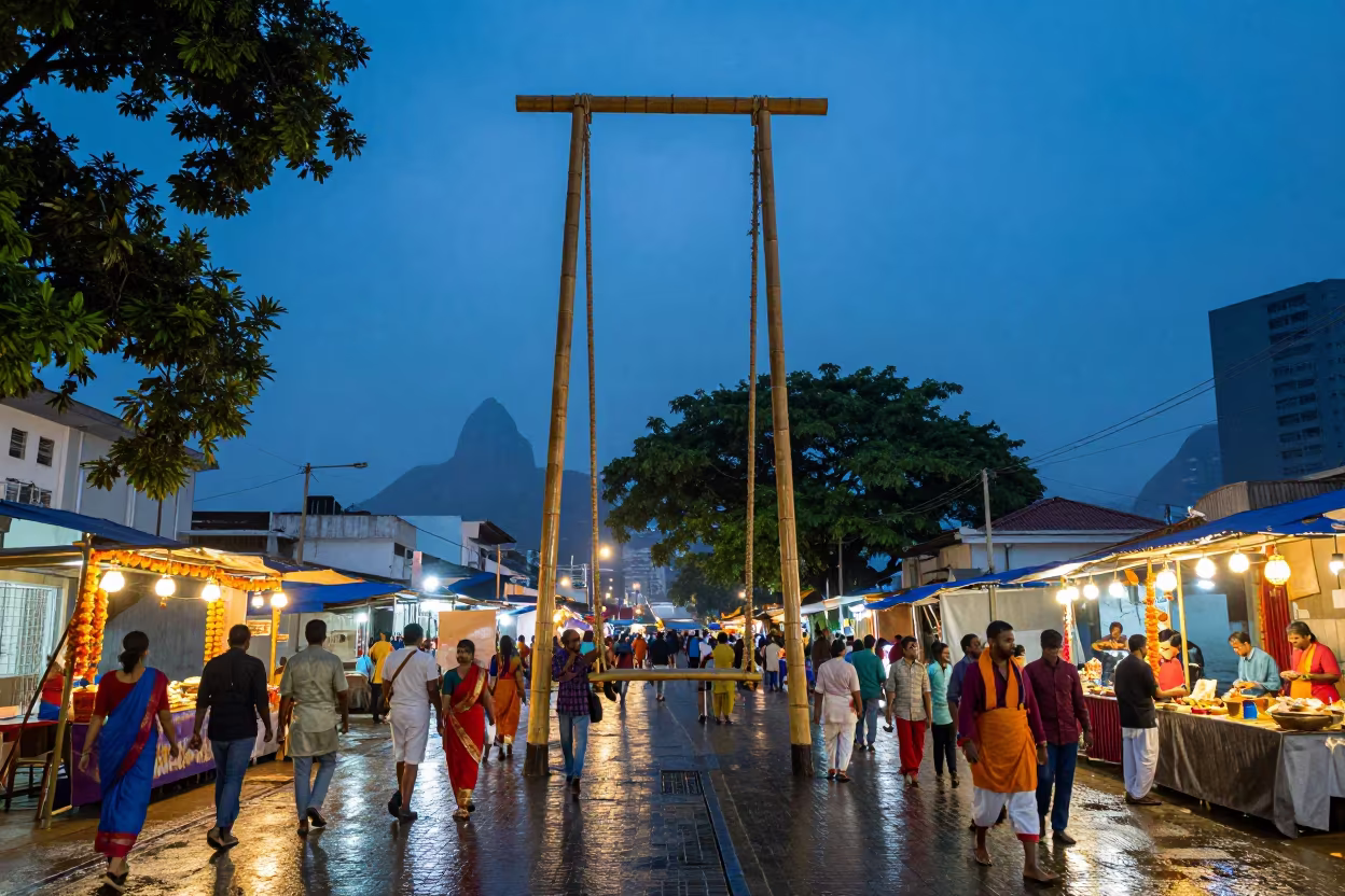 Nepali Dashain Bamboo Swings at Rio Night Market in at a night market in Rio de Janeiro