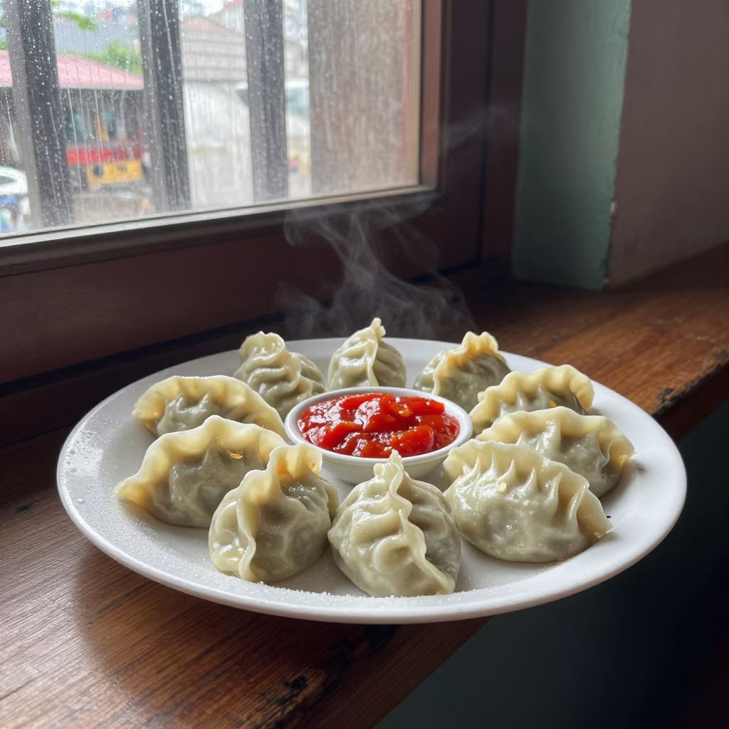 Nepali Momo Dumplings with Chutney on Cúcuta Ledge in on a painted display ledge in Cúcuta