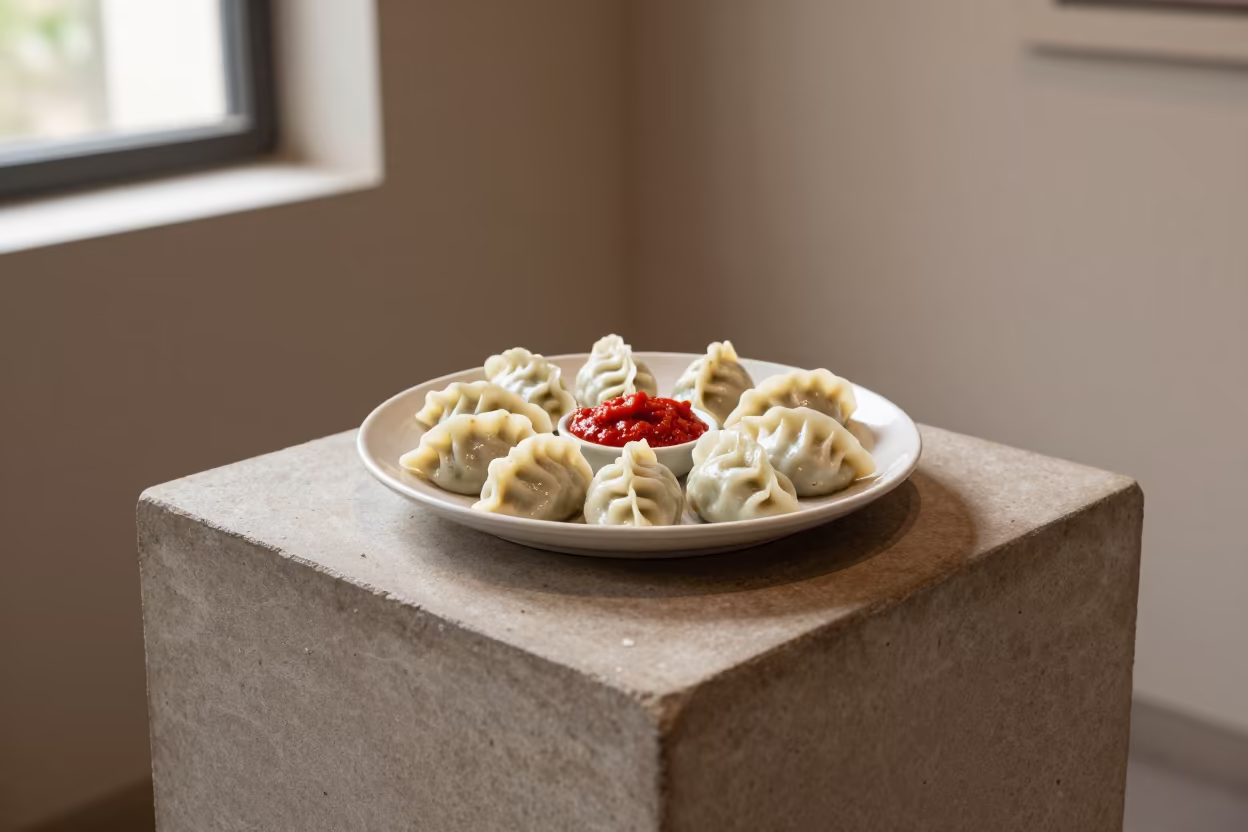 Nepali Momo Dumplings and Chutney on Museum Plinth in on a museum plinth in Chittagong