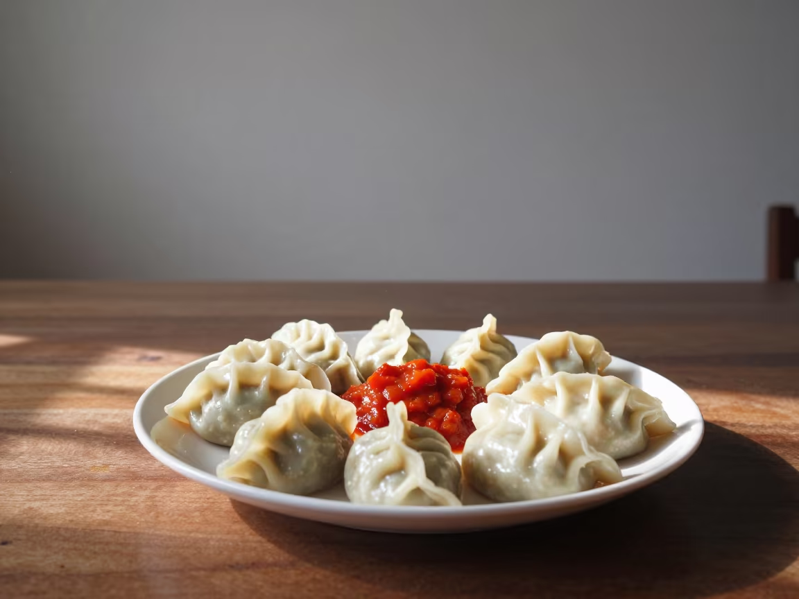 Nepali Momo Dumplings with Tomato Chutney in on a writing desk in Oran