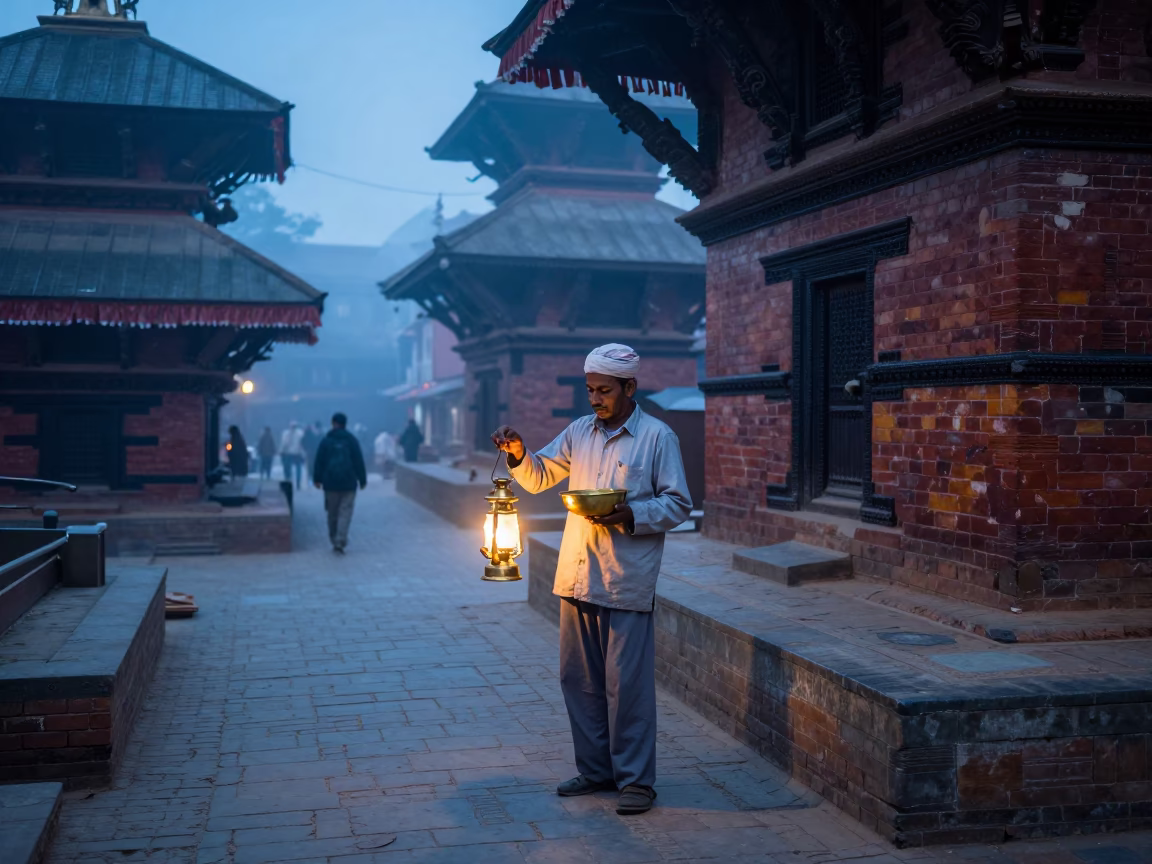 Nepali street vendor at nautical dawn with brass bowl and lantern in foggy Kathmandu in in Kathmandu, Nepal