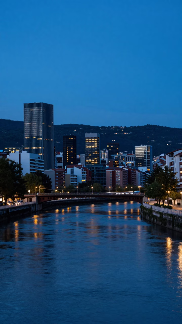 Nervion River And Abandoibarra Skyline in Bilbao in in Bilbao, Spain