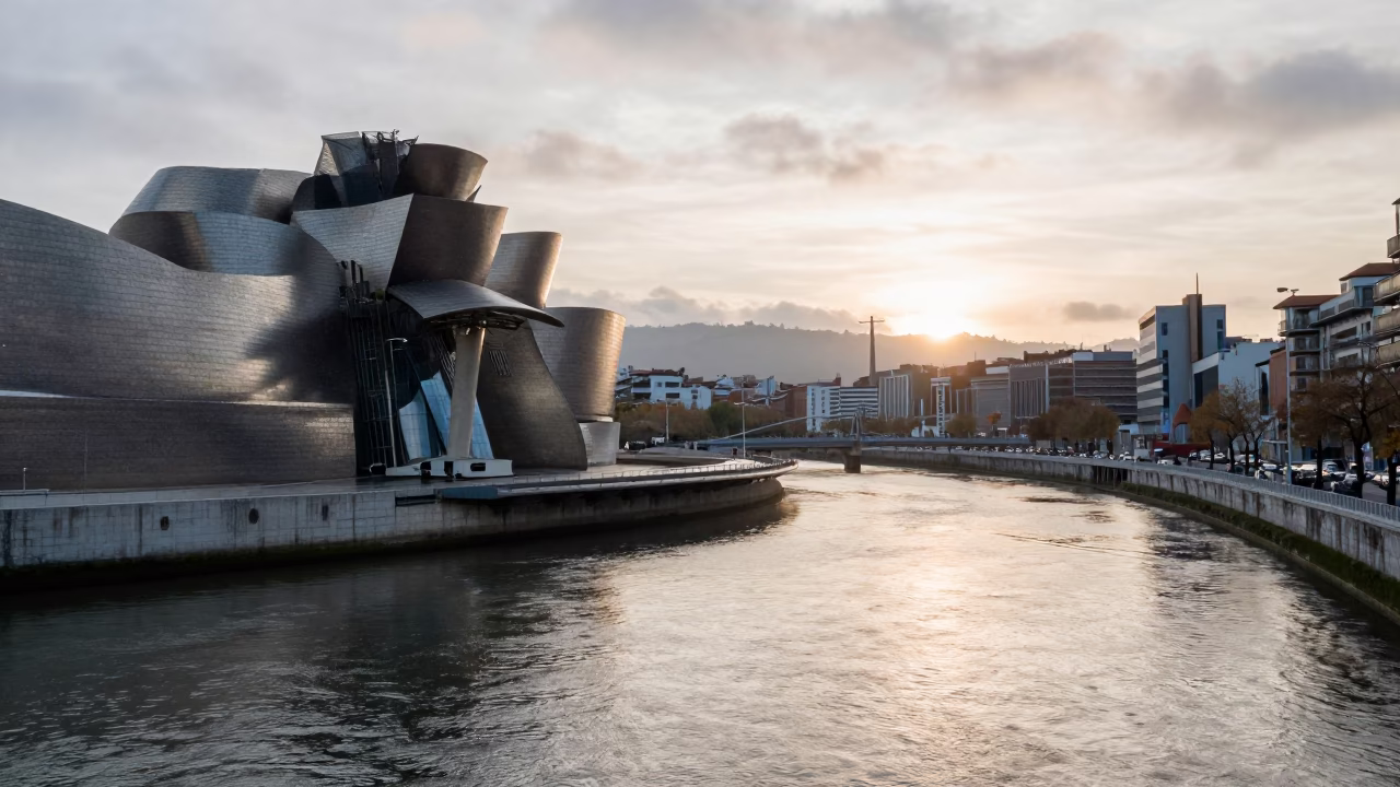 Nervion River in Bilbao at As First Light Reaches The Scene in in Bilbao, Spain