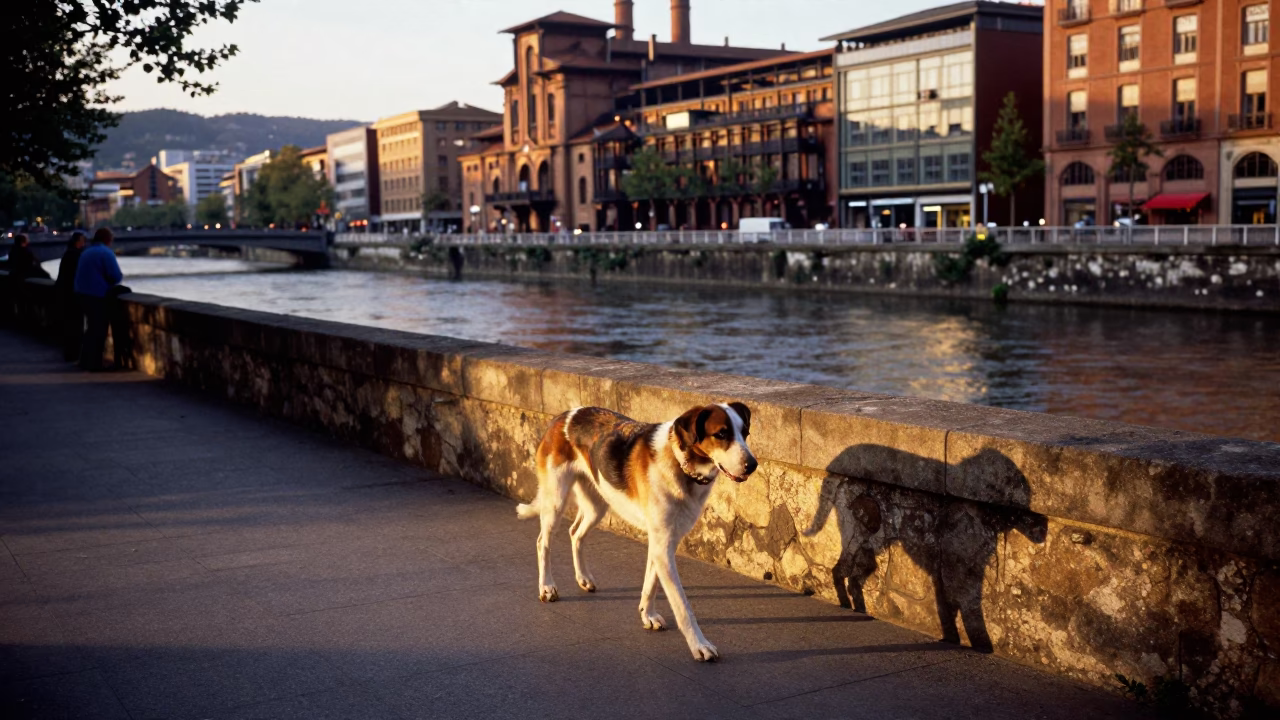 Nervion River in Bilbao at Honeyed Evening Light in in Bilbao, Spain