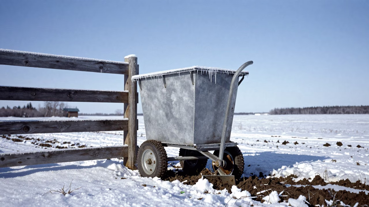 Nest Box Cleaner Cart Winter Paddock Northwest Territories in along a muddy paddock fence in Northwest Territories