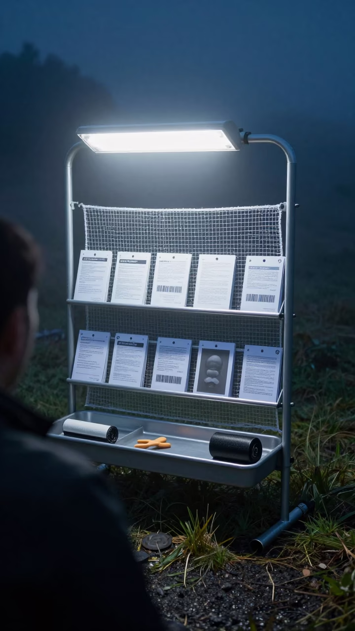 Nesting Rack Under Light in New Zealand Night Fog in beside a convoy halt on open ground in New Zealand