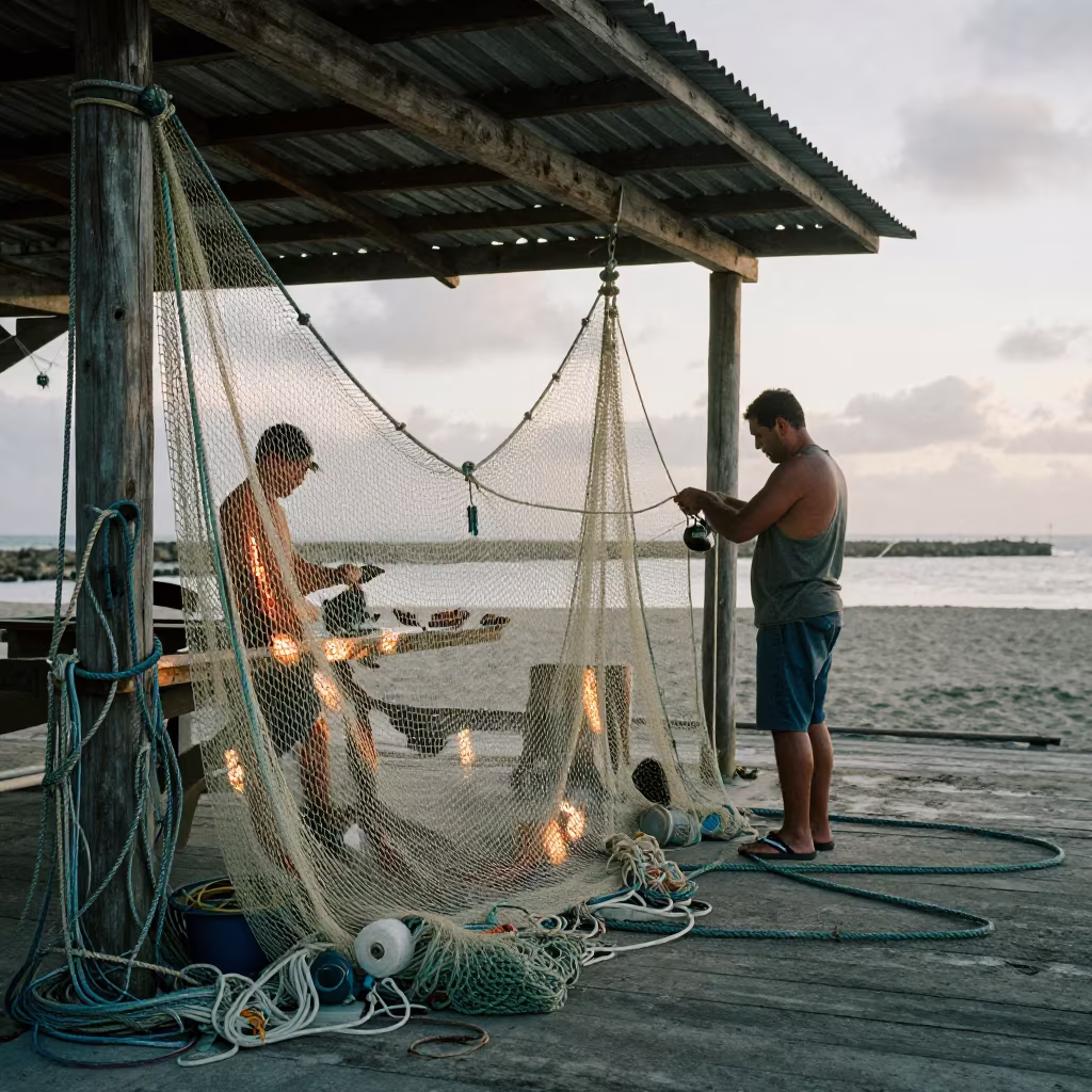Net Maker Knotting Fishing Gear in Morning Light in in a workshop in Santiago de los Caballeros