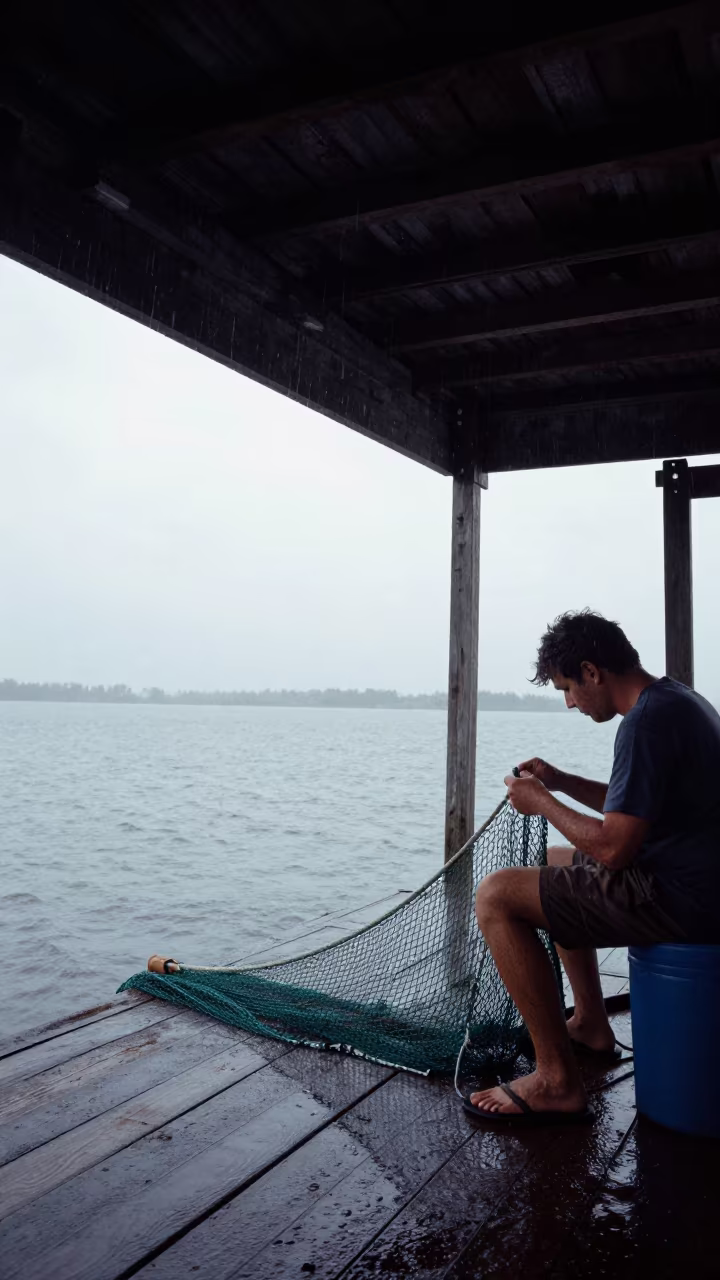 Net Maker Knotting Fishing Net Under Boathouse Eave in in a cafe in Bridgetown