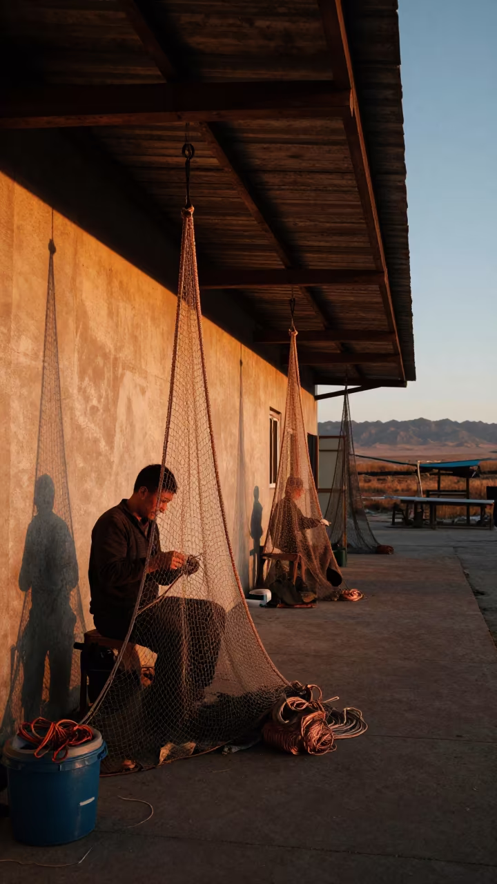 Net Maker Knotting Under Boathouse Eave in in a rehearsal room in Urumqi