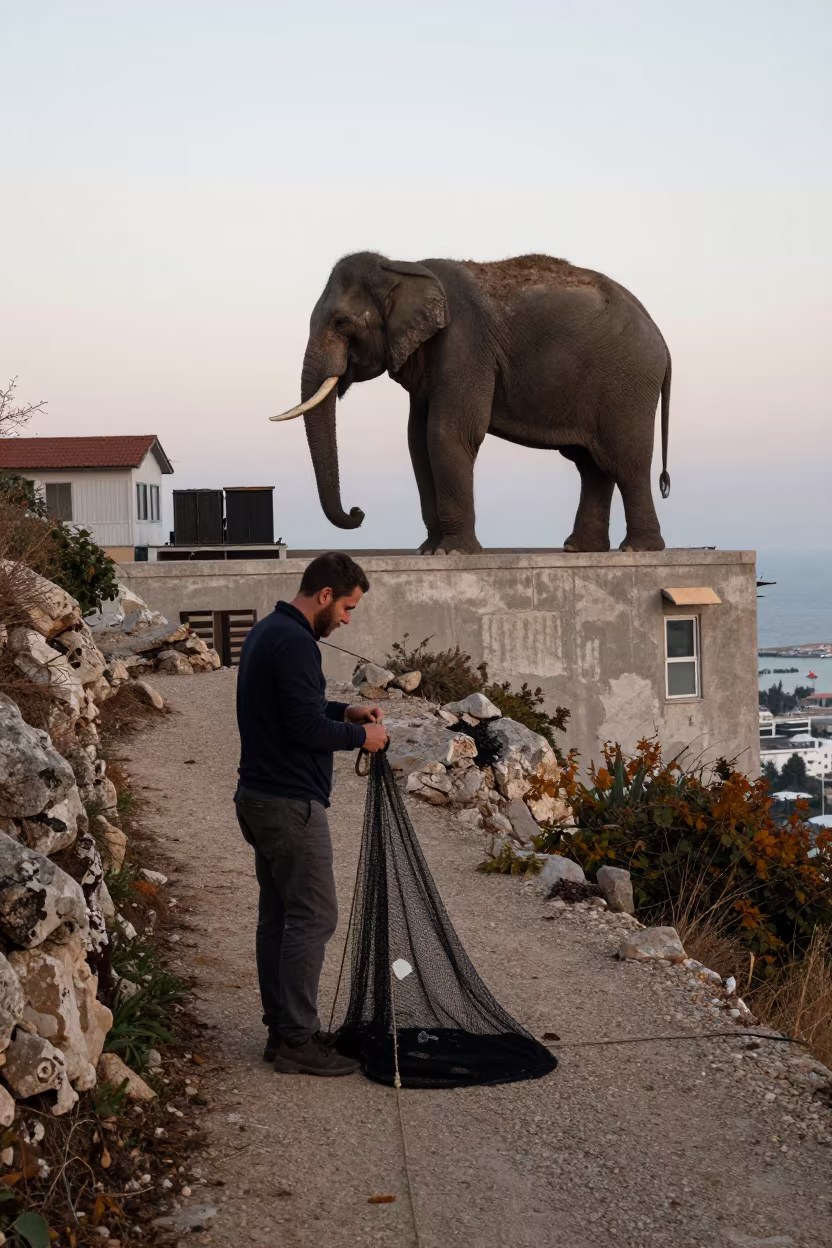 Net Mender Elephant Rooftop Dawn Haifa in on a mountain path near Haifa