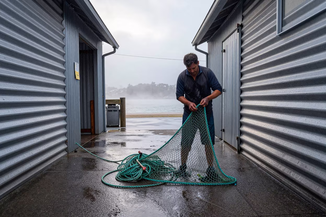 Net Mender Hands at Dawn in Misty Sydney Harbor in in a village lane near Manly, Sydney