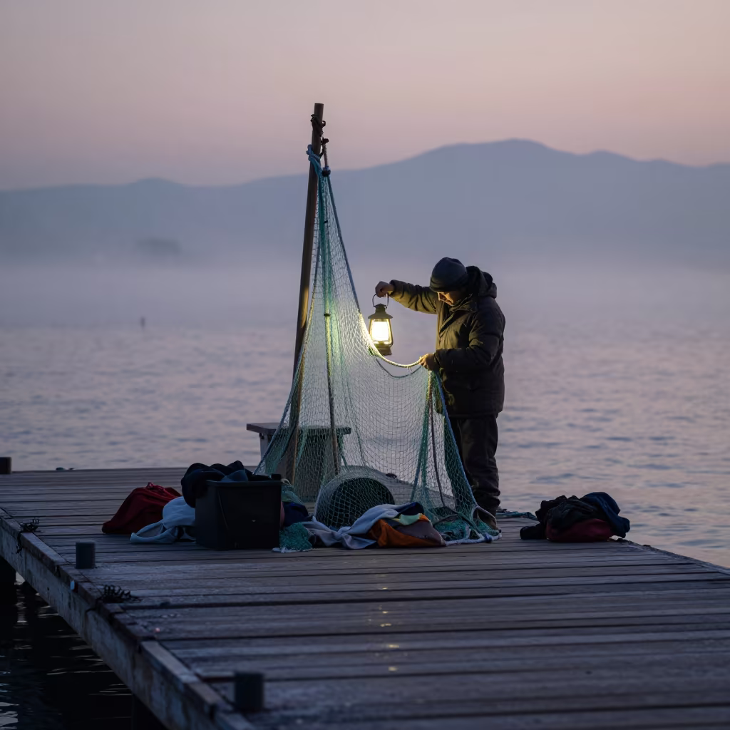Net Mender Repairs Hemp Rope at Thessaloniki Dawn in near Thessaloniki