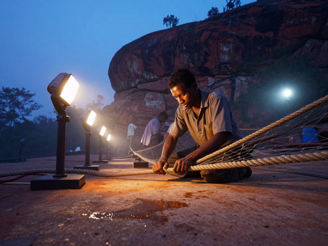 Net Mender Under Sodium Lights at Sigiriya in in Sigiriya