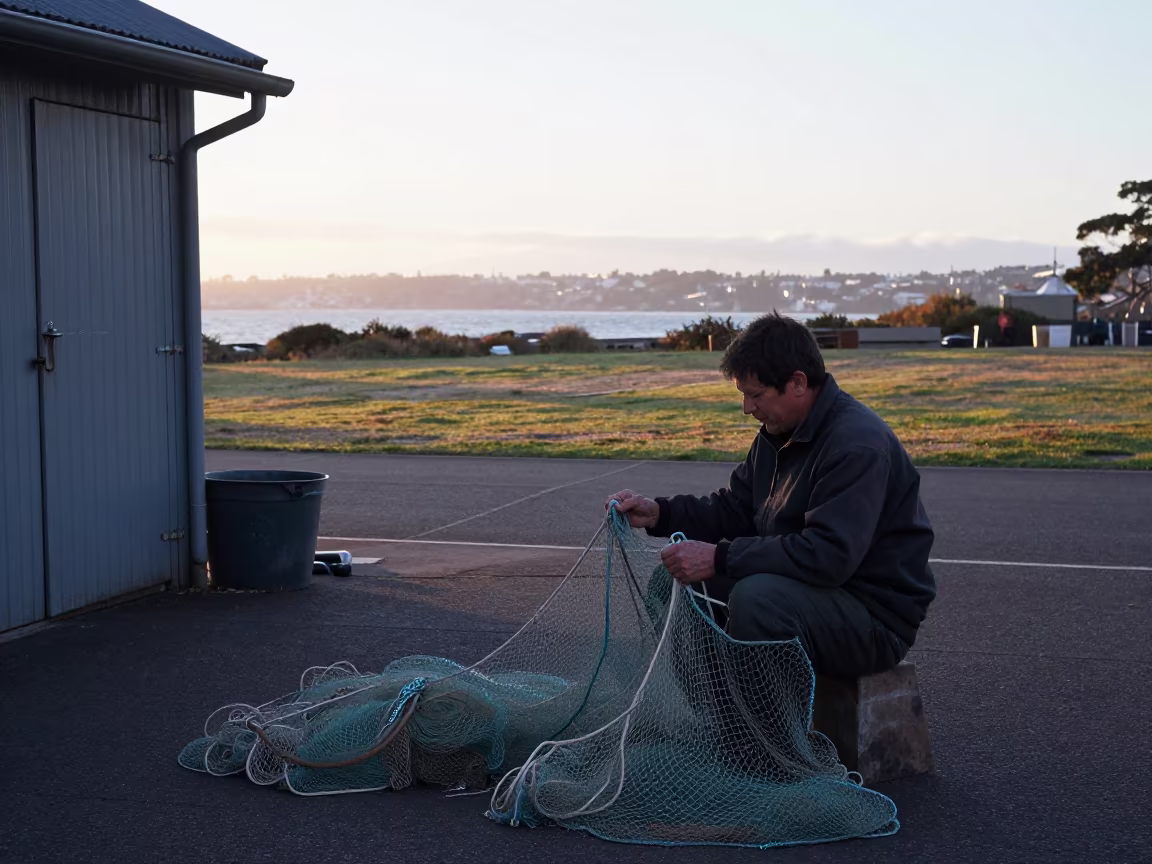 Net Mender at Sydney Harbor Dawn Light in near open fields near The Rocks, Sydney