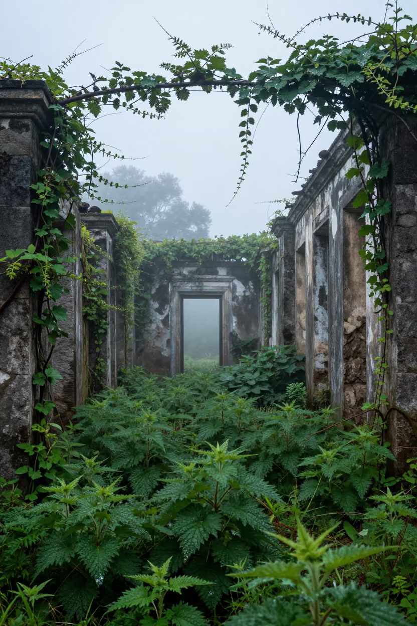 Nettles and Fog in Lubango Chapel Ruin Dawn in along a vine-choked corridor near Lubango