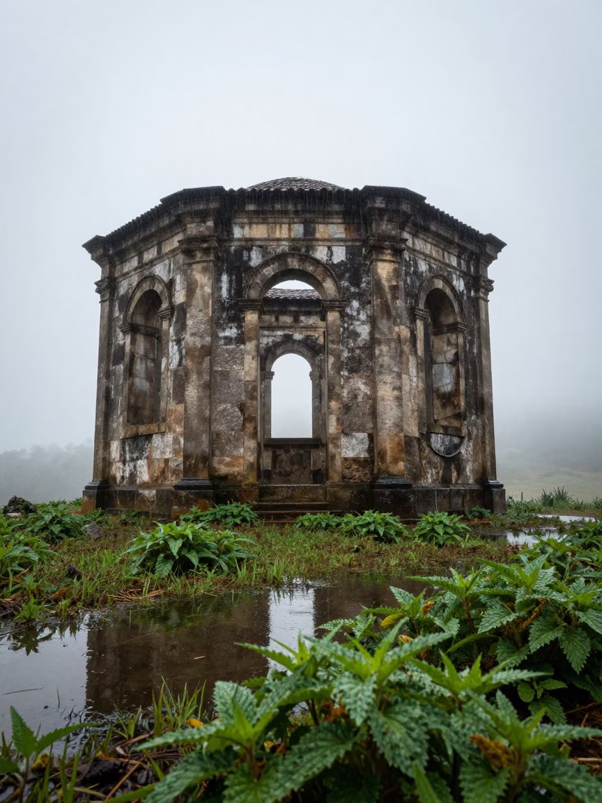 Nettles and Fog in Roofless Hammam Chapel Ruin in inside a roofless hammam near Ouro Preto