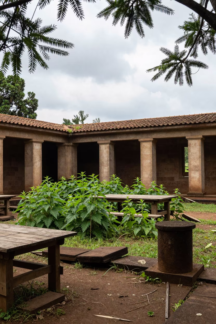 Nettles Claiming Ruined Refectory in Rwanda in among toppled columns and nettles in Rwanda