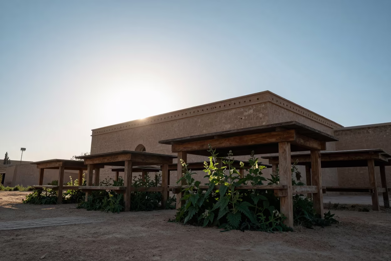 Nettles Grow Under Tables in Roofless Winter Refectory in inside a roofless nave near Ait Melloul