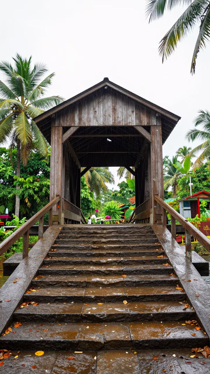 New England Covered Bridge Over Bangladesh Staircase in at the base of a monumental staircase in Bangladesh