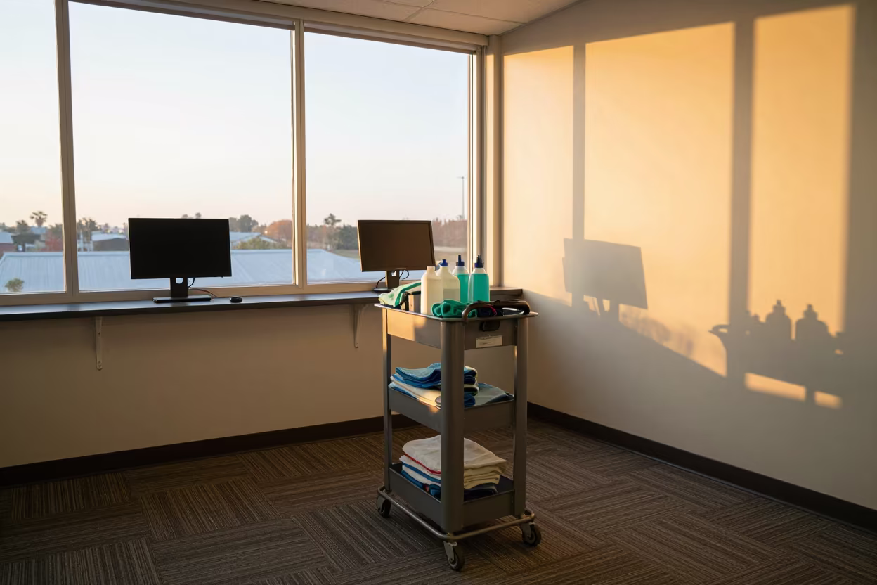 New Hire Wipe Cart in Kerman Office at Golden Hour in in an operations center under monitor glow in Kerman