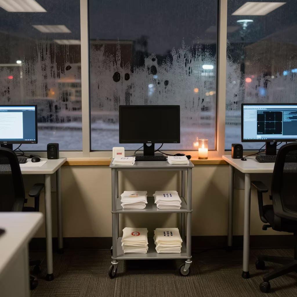 New Hire Wipe Cart in New Orleans Night in in an operations center under monitor glow near Magazine Street, New Orleans