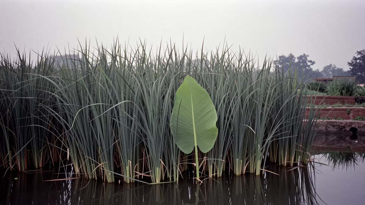 New Leaf on Reed Bed in Ghaziabad Garden in among terraced garden plots near Ghaziabad