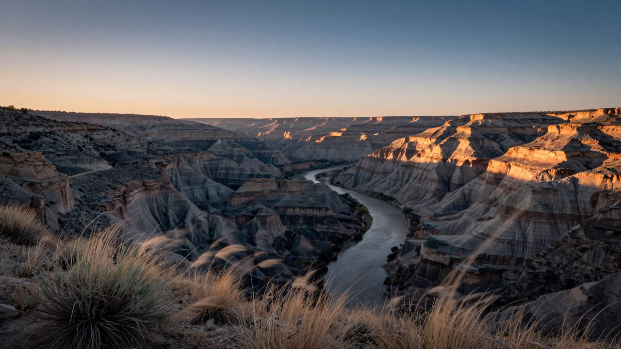 New Mexico Canyon River Sunset Ridge View in from a ridge above layered foothills in New Mexico