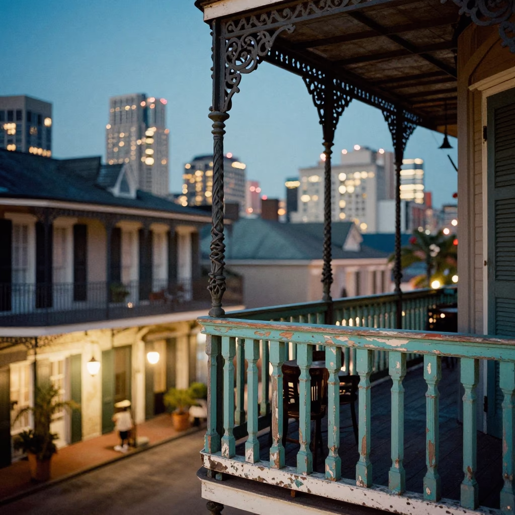 New Orleans Balcony at As City Lights Begin To Glow in in New Orleans, Louisiana, United States
