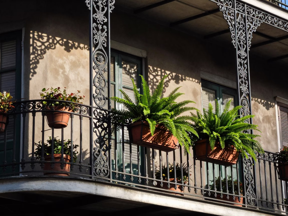 New Orleans Balcony Detail at The Late Morning Light in in New Orleans, Louisiana, United States