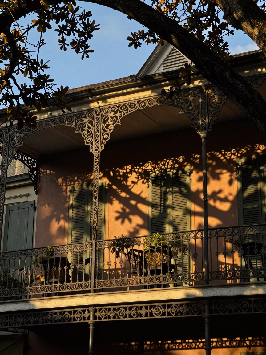 New Orleans Balcony Evening at The Early Evening Light in in New Orleans, Louisiana, United States