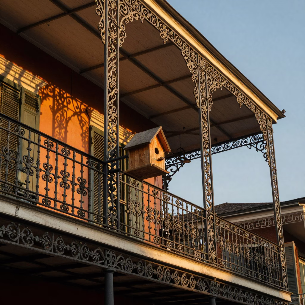 New Orleans Balcony Evening with Wrought Iron and Birdhouse in in New Orleans, Louisiana, United States