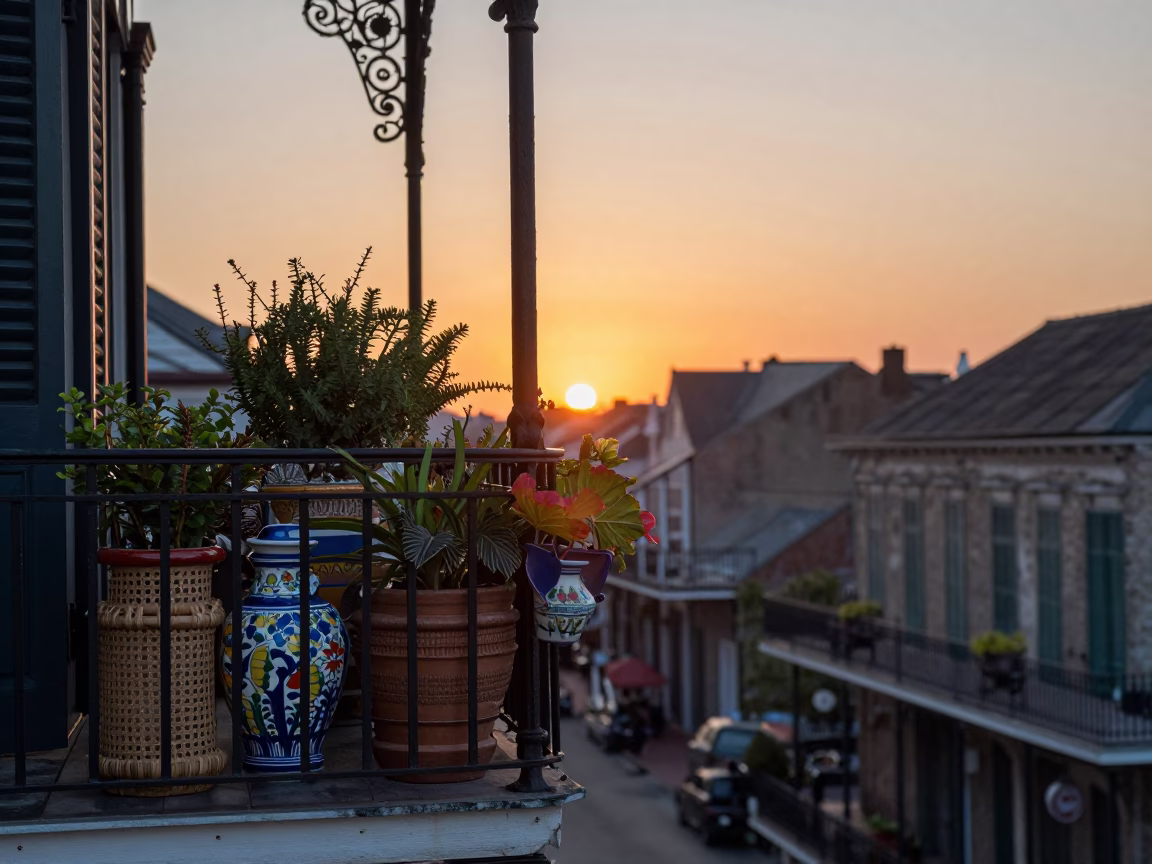 New Orleans Balcony Woven Cane and Majolica Pottery at Sunset in in New Orleans, Louisiana, United States
