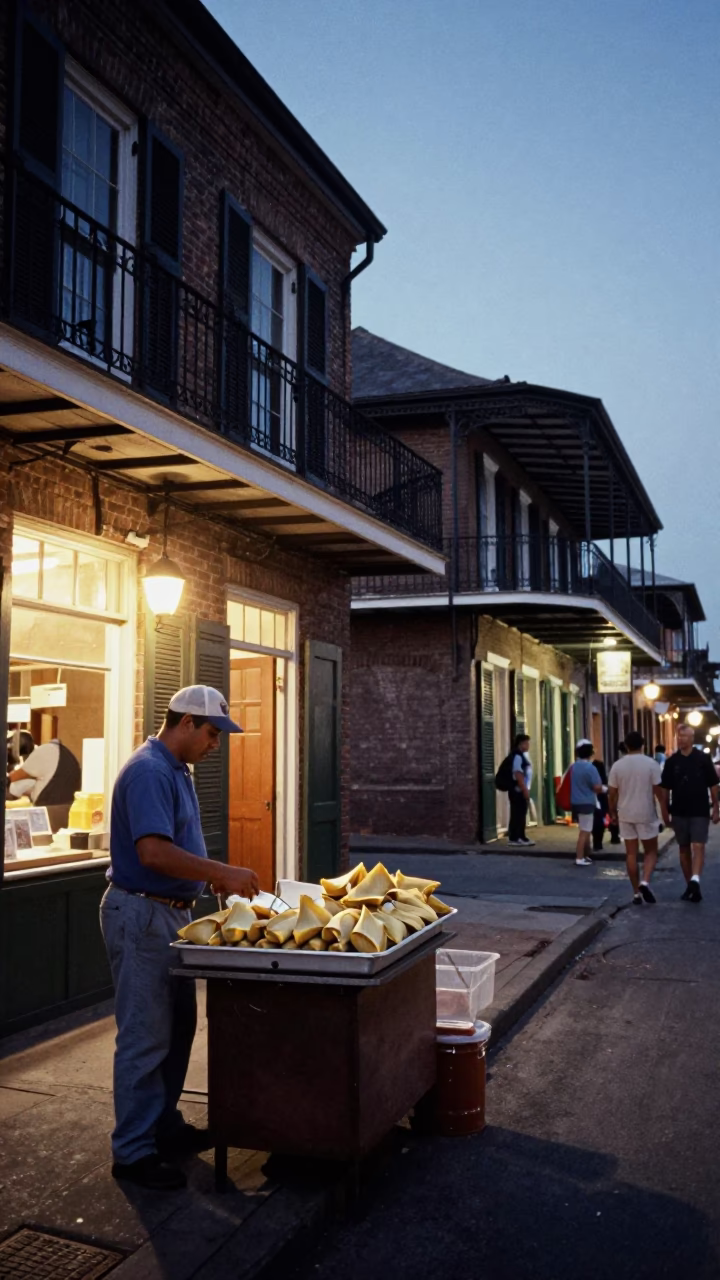 New Orleans Blue Hour Street Scene with Food Vendor and Historic Architecture in in New Orleans, Louisiana, United States