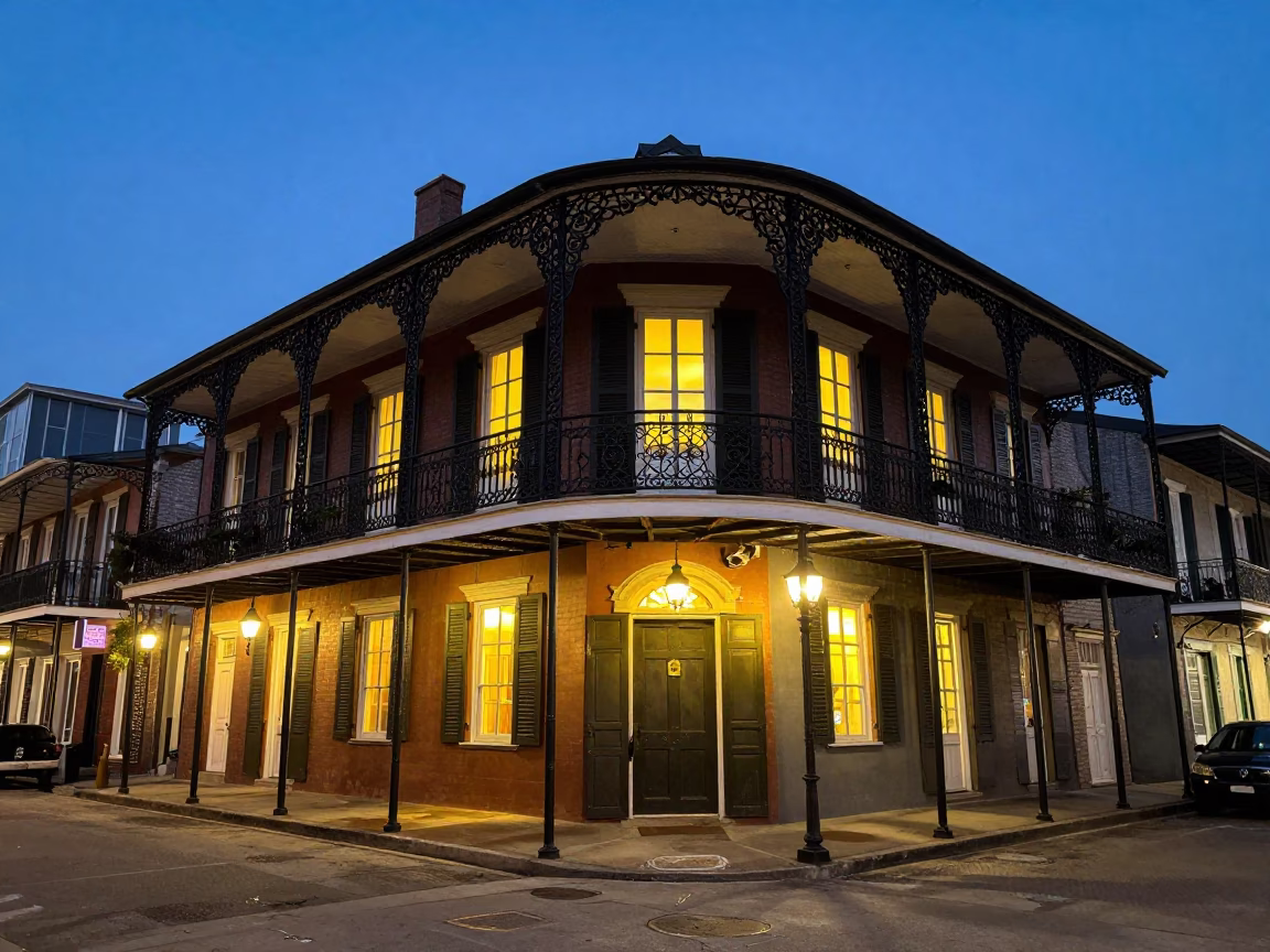 New Orleans Blue Hour Street Scene with Iron Balconies and Gas Lamps in in New Orleans, Louisiana, United States
