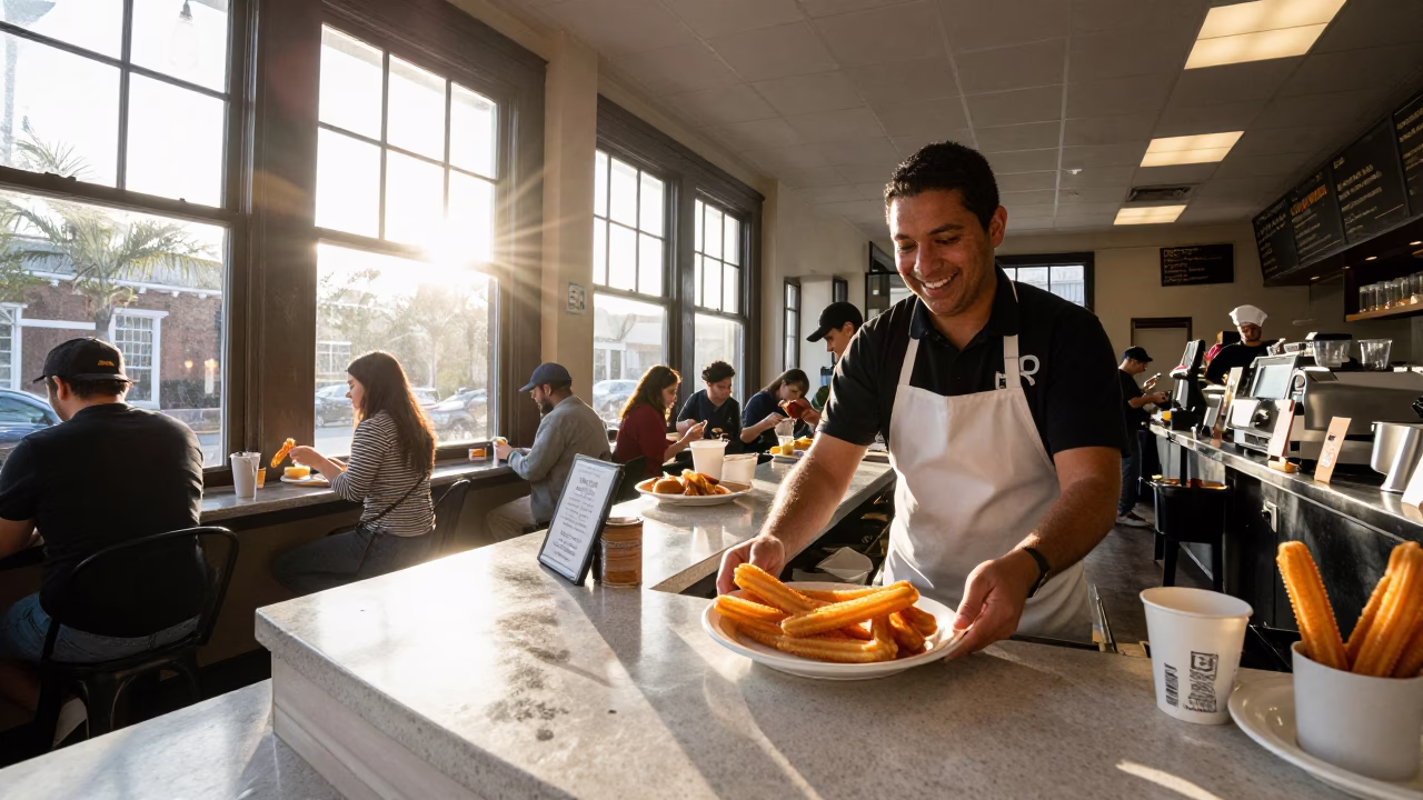 New Orleans Breakfast Counter Morning Service with Churros and Local Patrons in in New Orleans, Louisiana, United States