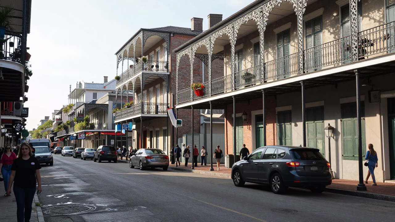 New Orleans Canal Street Afternoon Street Scene with Local Traffic and Historic Architecture in in New Orleans, Louisiana, United States